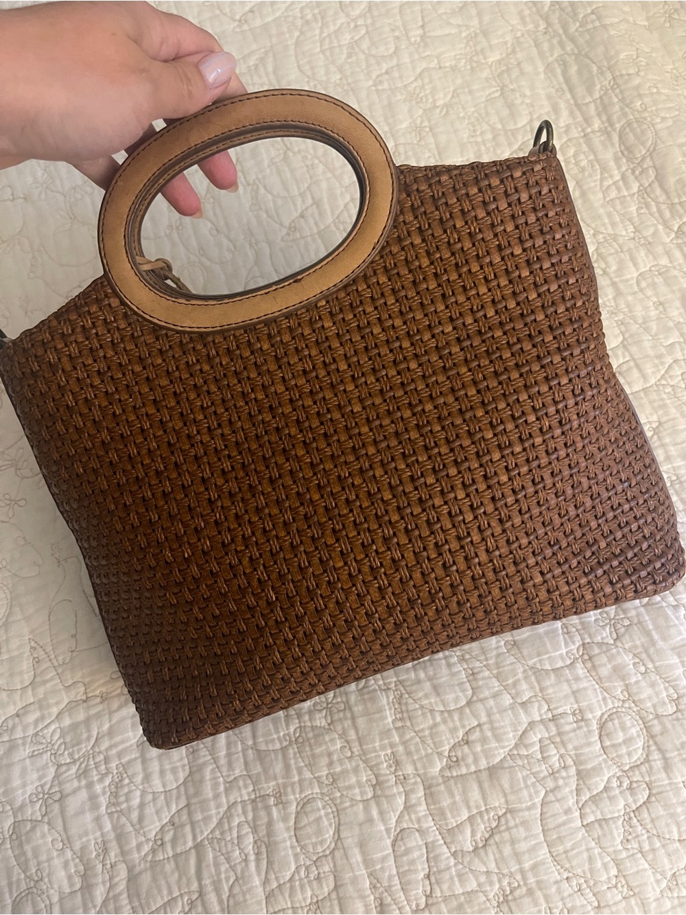Fossil Woven Leather Tote Bag Brown Top Handle Satchel Crossbody Summer - Picture 3 of 7